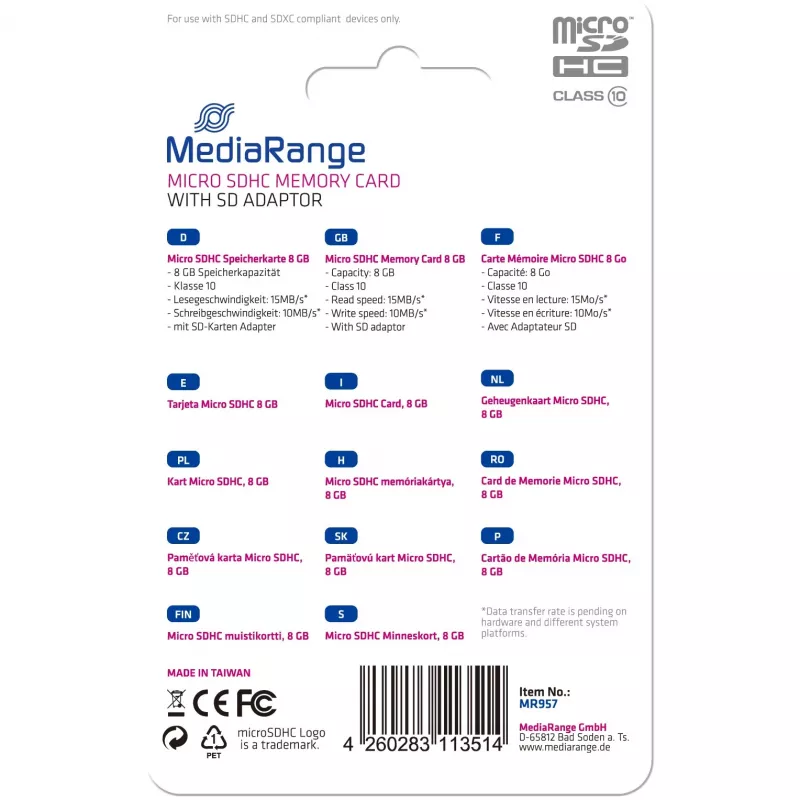 Memory Micro Sdhc 8GB C10/W/ADAPTER MR957 Mediarange