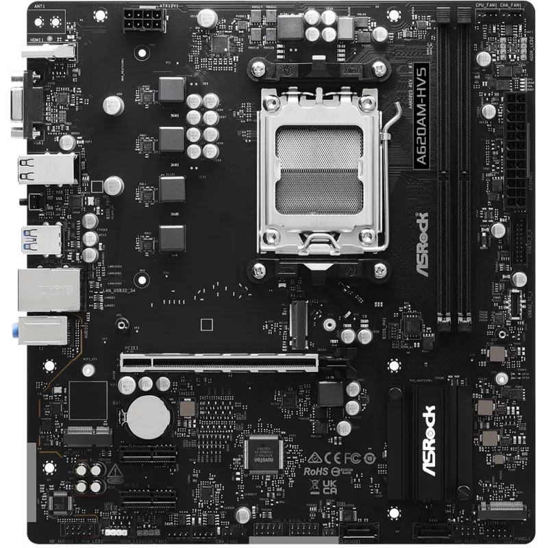 Motherboard ASRock A620AM-HVS Micro ATX — AMD A620A chipset, Socket AM5, DDR5, 2 DIMM, up to 128 GB, HDMI 2.1, M.2 2280