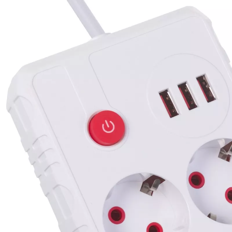 Power strip MACLEAN MCE388 W — 2 sockets, 3×USB, 110–240V, 2500W, 3 m cable, white