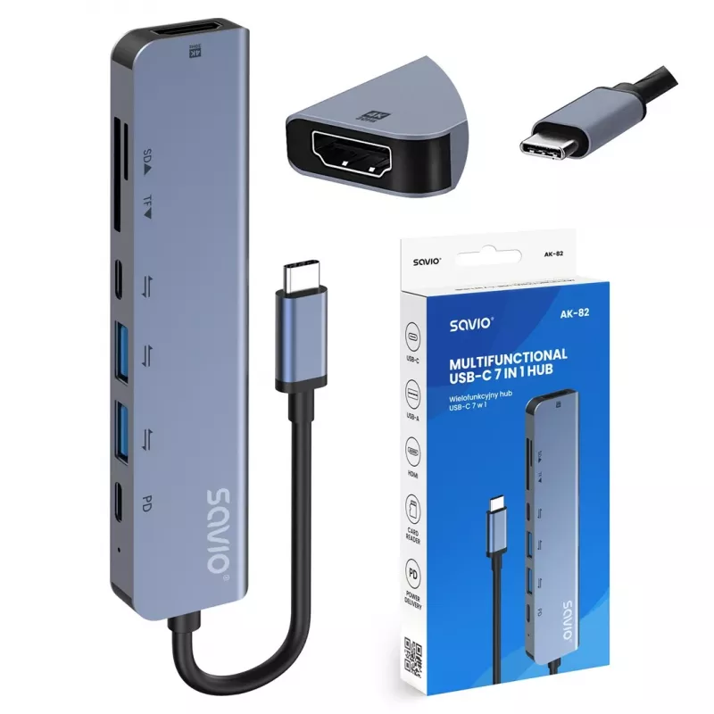 USB Type-C hub SAVIO AK-82 with HDMI, MicroSD, USB 3.2 Gen1, PD passthrough, 4K@30Hz, 5000 Mbit/s, black