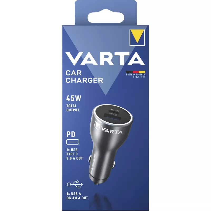 Car charger Varta 57933101111, 45W total, 1× USB-A, 1× USB-C