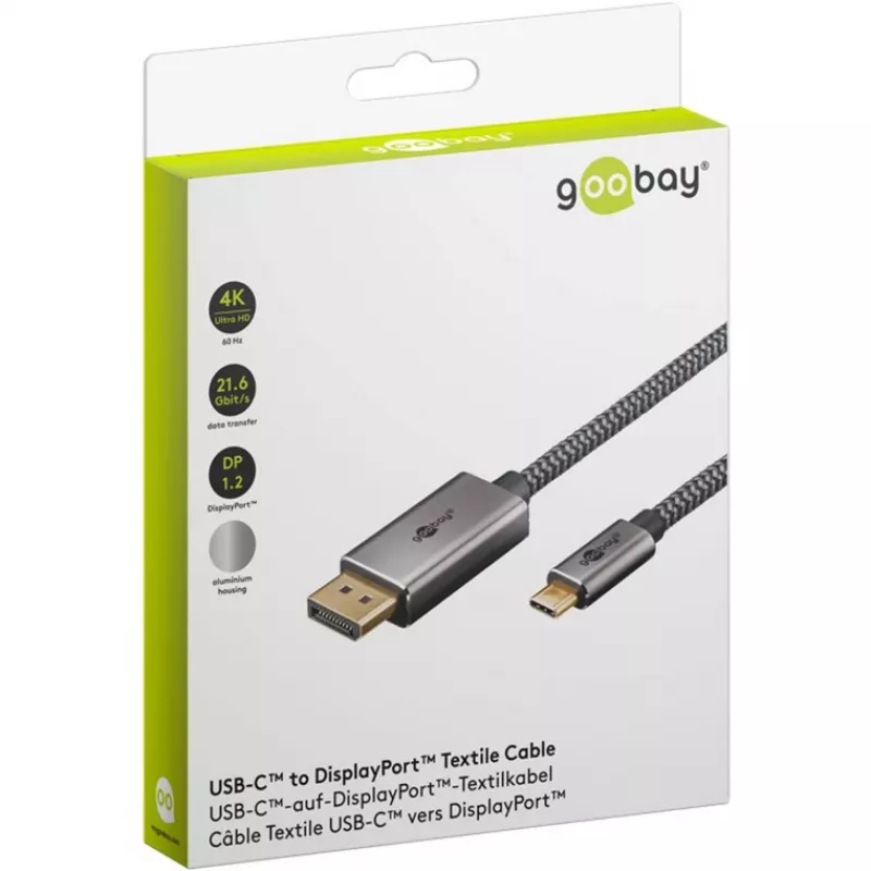 USB Adapter Cable, USB-C Plug > DisplayPort Plug, 4K 60Hz (black/Silver, 2 Meter, Braided Cable)