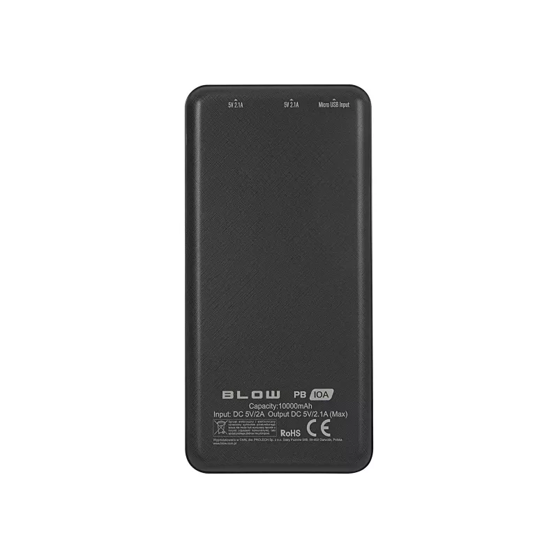 Portable power bank BLOW PB10A 10000mAh polymer battery, 2x USB-A outputs, 22.5W total, Micro‑USB input, black
