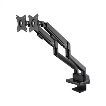Manhattan Dual Desk Mount for TV & Monitors (Full Motion Gas Spring) with built-in Dock, For screens to 27 inch, Ports (x7): Ethernet,HDMI (x2),USB-A (x3) and USB-C,Power Delivery (100W) to USB-C Port (Separate USB-C wall charger/cable needed),VESA: 75x75 and 100x100mm