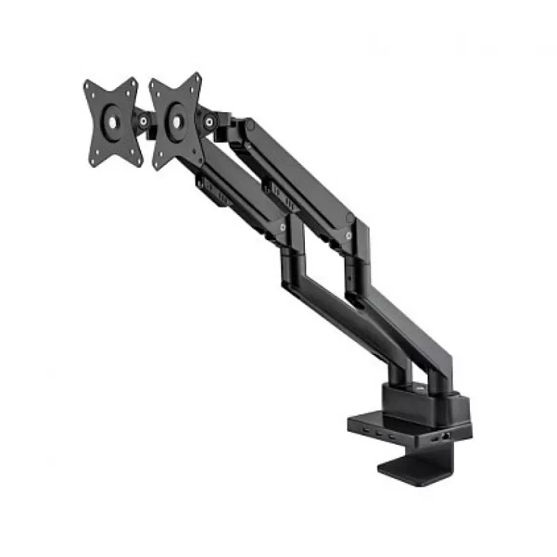 Manhattan Dual Desk Mount for TV & Monitors (Full Motion Gas Spring) with built-in Dock, For screens to 27 inch, Ports (x7): Ethernet,HDMI (x2),USB-A (x3) and USB-C,Power Delivery (100W) to USB-C Port (Separate USB-C wall charger/cable needed),VESA: 75x75 and 100x100mm