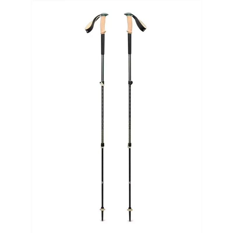 Trekking poles Black Diamond Trail Cork, adjustable 100–140 cm, aluminium, cork/EVA handle, 3-segment, green/beige