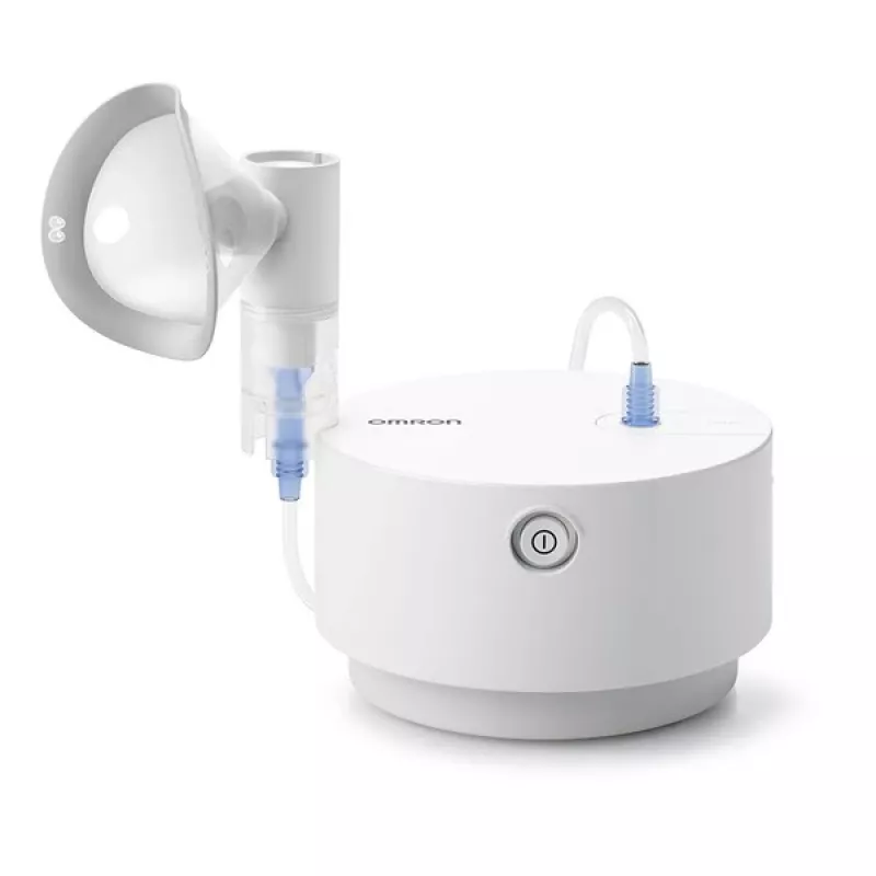 Tabletop nebulizer Omron C28P with 10 ml/min capacity, 2.65 µm particle size, white, dimensions 265×195×143 mm