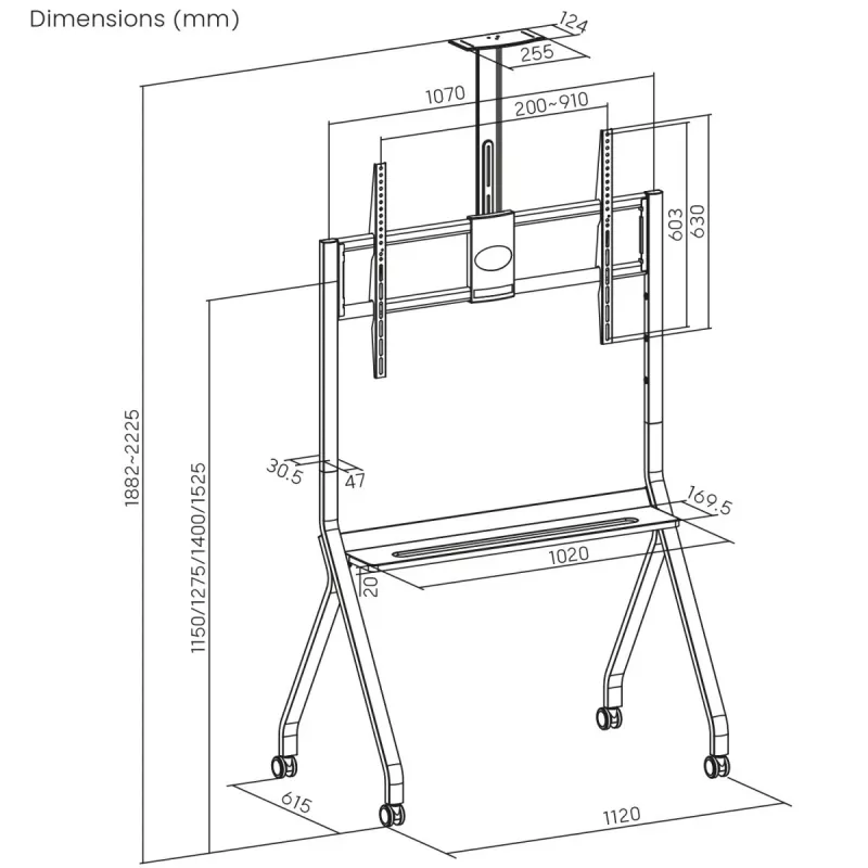 Floor TV stand MACLEAN MC-114 W for displays 55 inch–100 inch, white, VESA up to 900x600, max load 120 kg, height 115–152 cm, shelf