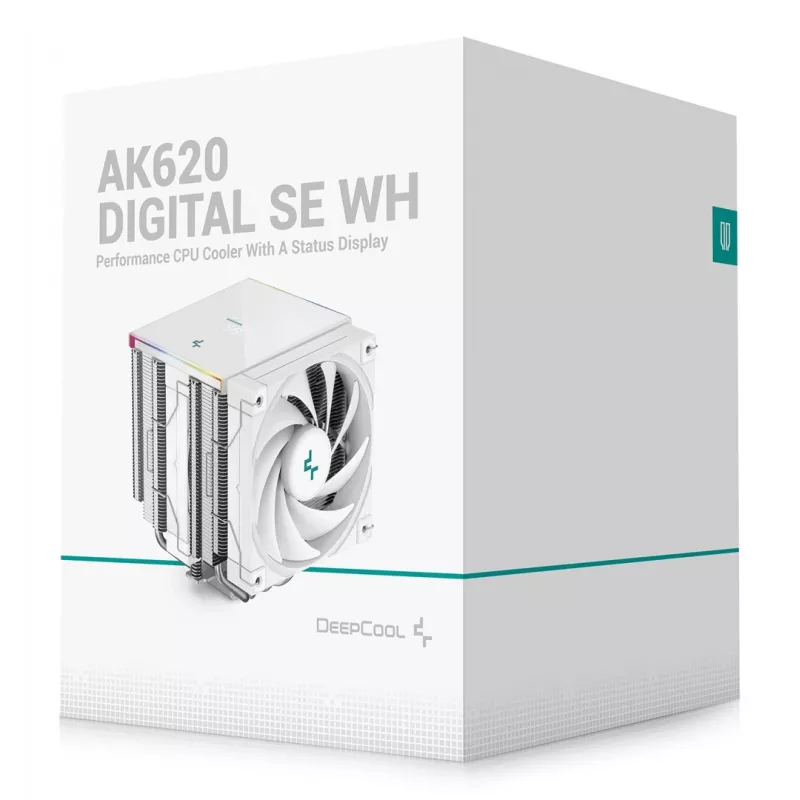 Air cooler DeepCool AK620 Digital SE White — dual 120 mm fans, 6 heat pipes, PWM, LGA 1700 support, built-in display