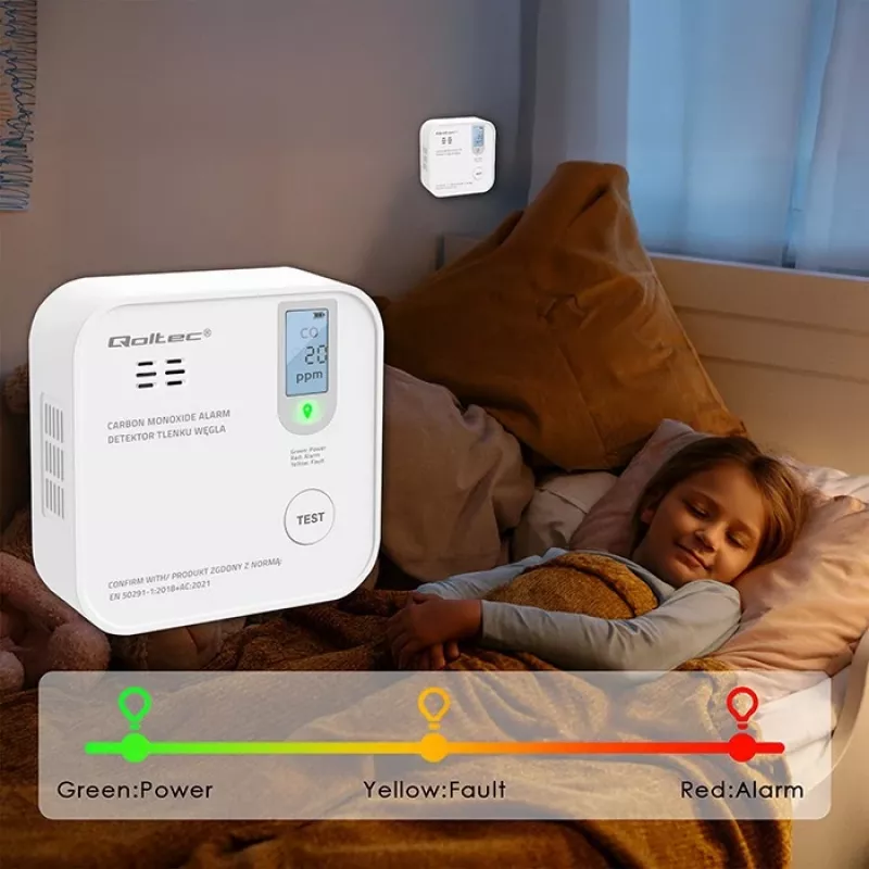 Carbon monoxide sensor QOLTEC 52577 — battery-powered alarm, 85 dB sound level