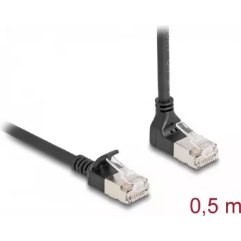 Network Cable DeLOCK RJ45 Cat.6A S/FTP Slim 90° downwards angled / straight 0.5 m black
