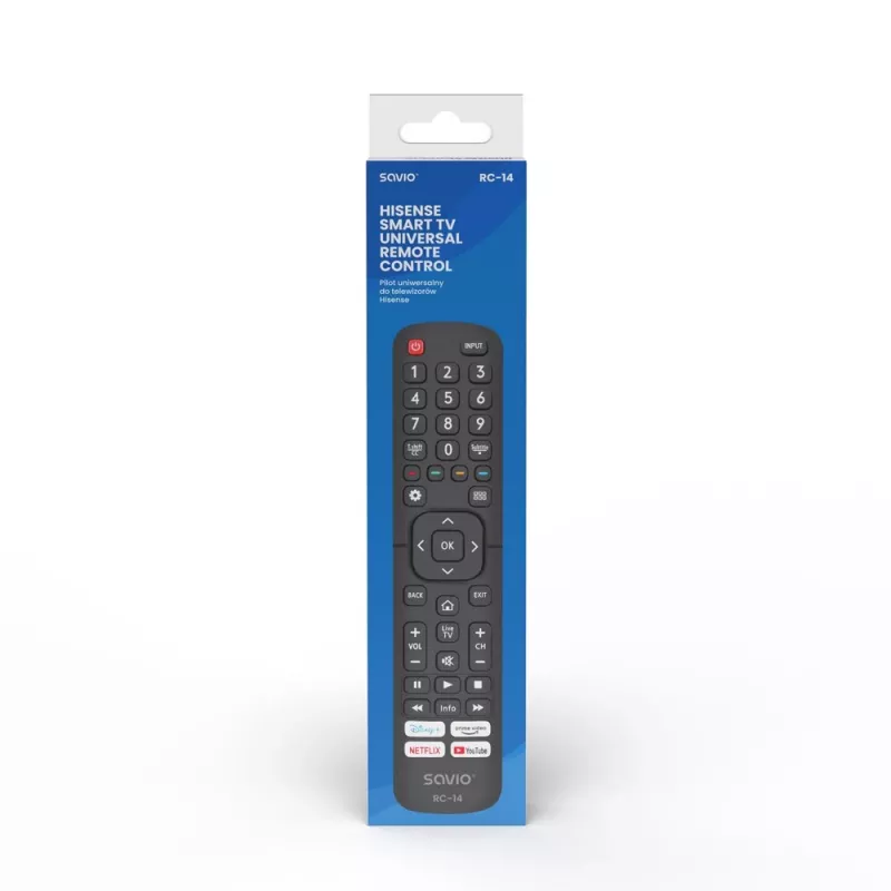 Universal remote control SAVIO RC-14 for Hisense Smart TV, IR wireless, supports 14 devices, range up to 10 m, black