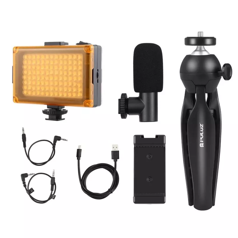 Tripod with LED Light, Microphone and Phone Clip Puluz PKT3132B – compact live recording set