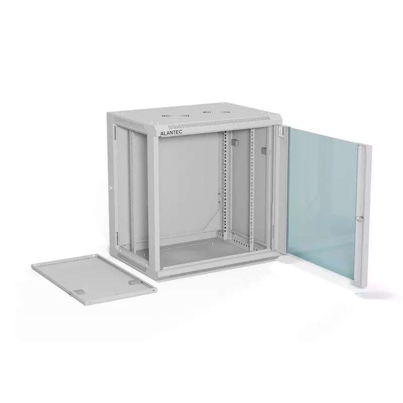 Wall-mount 19 inch cabinet Alantec 12U 600x450 mm, single glass door, removable full rear and side panels, lockable, 4 mounting rails, gray, flat pack