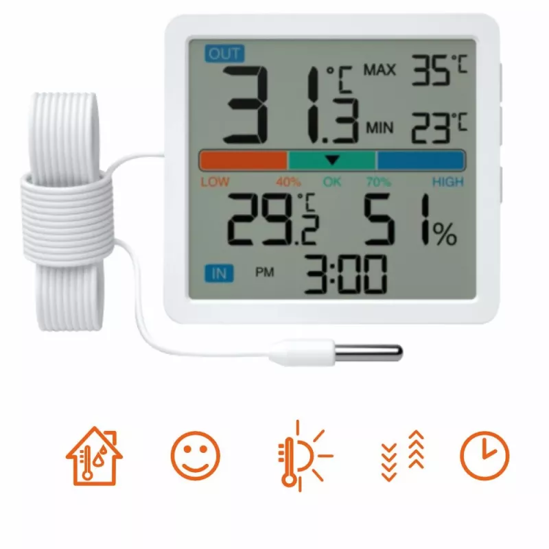 Thermometer‑Hygrometer MANTA MTO002W with external sensor (150 cm), indoor 0–+50°C, outdoor -40–+70°C, humidity 20–95% RH, comfort indicator, clock
