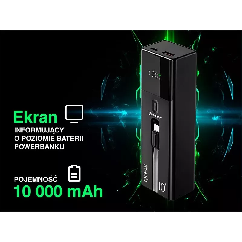 Portable Power Bank TRACER Quant 10000 mAh Li-Ion, PD & QC3.0, 3 ports (2×USB-C, 1×USB-A), 100W, Black
