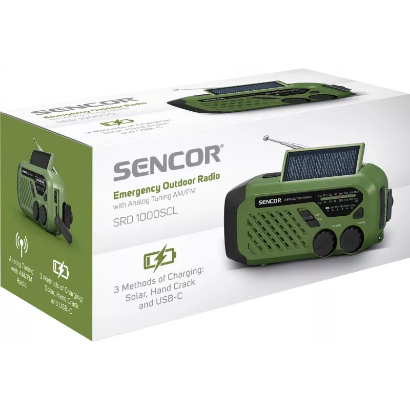 Portable FM/AM Radio SENCOR SRD1000SCLGR with Bluetooth, solar/hand-crank/USB-C charging, 2000mAh battery, IPX4, LED lights