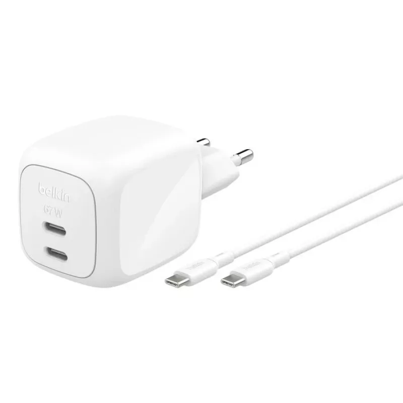 Indoor AC fast charger Belkin WCH020KQ2MWH-B6 — 2x USB‑C, 2 m integrated cable, white