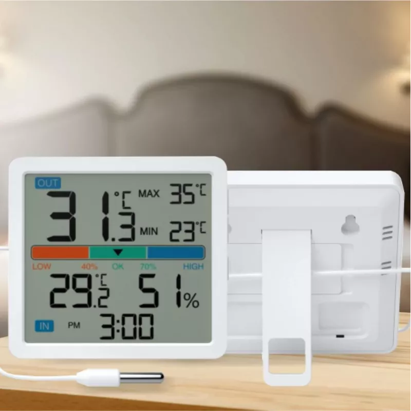 Thermometer‑Hygrometer MANTA MTO002W with external sensor (150 cm), indoor 0–+50°C, outdoor -40–+70°C, humidity 20–95% RH, comfort indicator, clock