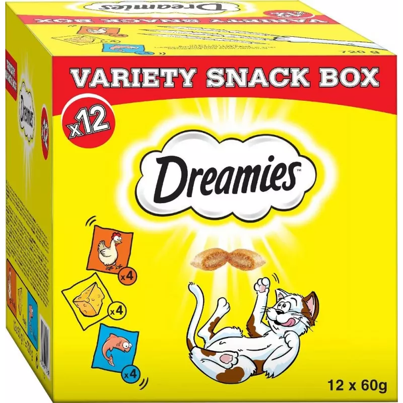 Cat treats Dreamies Cheese, Chicken, Salmon assortment 12×60 g — meaty solid snacks, Protein 31%, Fat 21%