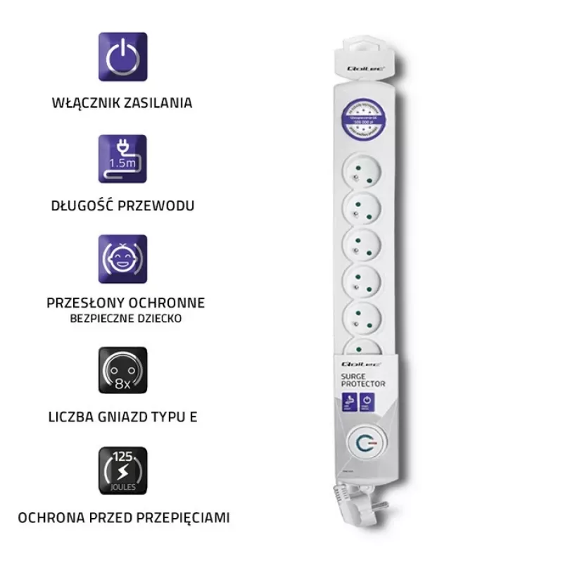 Surge Protector Qoltec 50293 White 8 AC outlets 230 V