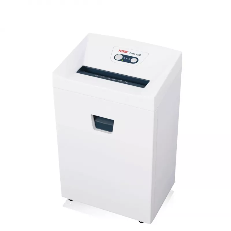 Shredder HSM Pure 420 — particle-cut P-4, 24 cm working width, 15-sheet capacity, 35 L bin, white