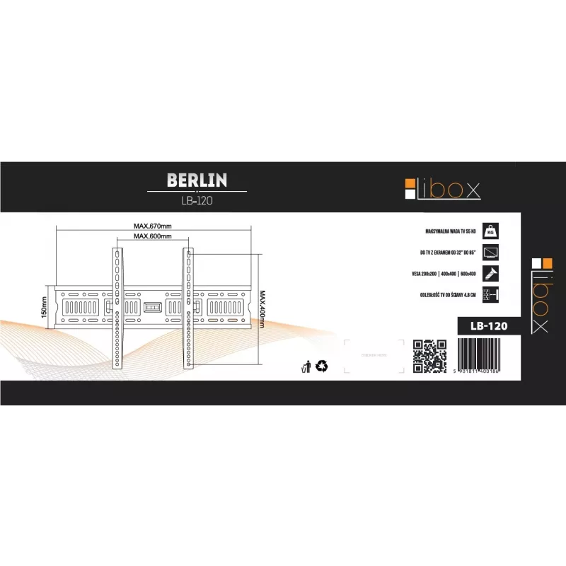 Wall TV mount LIBOX LB-120 for 32–85 inch (81.3 cm–2.16 m), up to 55 kg, VESA 200x200–600x400, tilt, steel, black