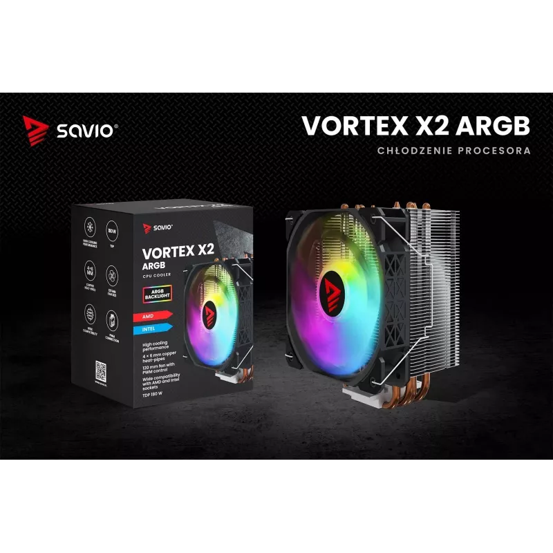 CPU air cooler SAVIO SAVGCOVORTEXX2ARGB with 4 heat pipes, 120mm ARGB fan, black