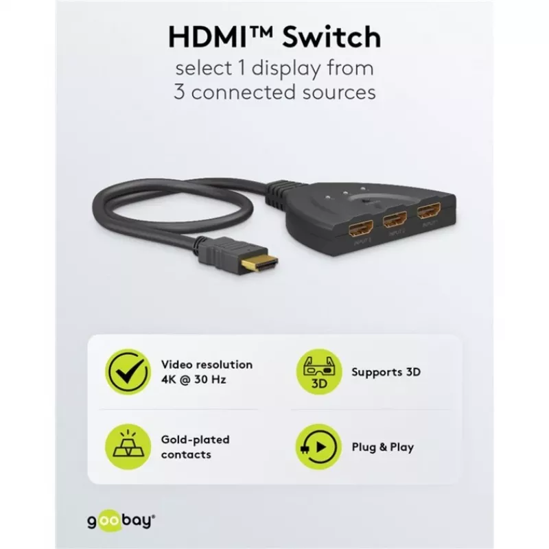 Goobay | HDMI Switch 3 to 1 (4K @ 30 Hz) | 58487 | Black | HDMI female | 3 HDMI female | 0.58 m