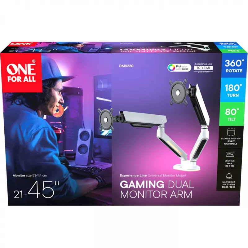 Universal Gaming Dual Monitor Arm (DM8220), Monitor Mount White, RGB