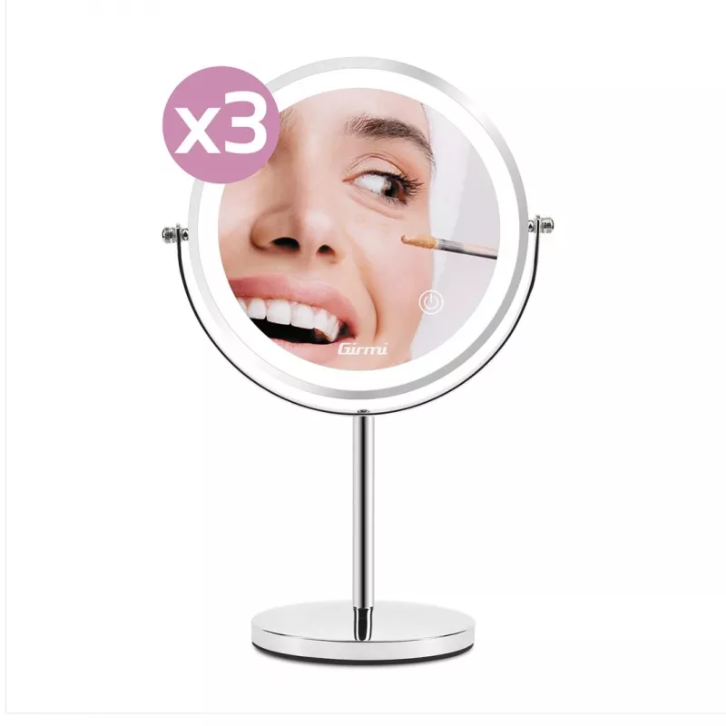 Freestanding Makeup Mirror Girmi BE02 — Round stainless steel, LED touch control, 1x/3x magnification, USB-C rechargeable (1000 mAh)