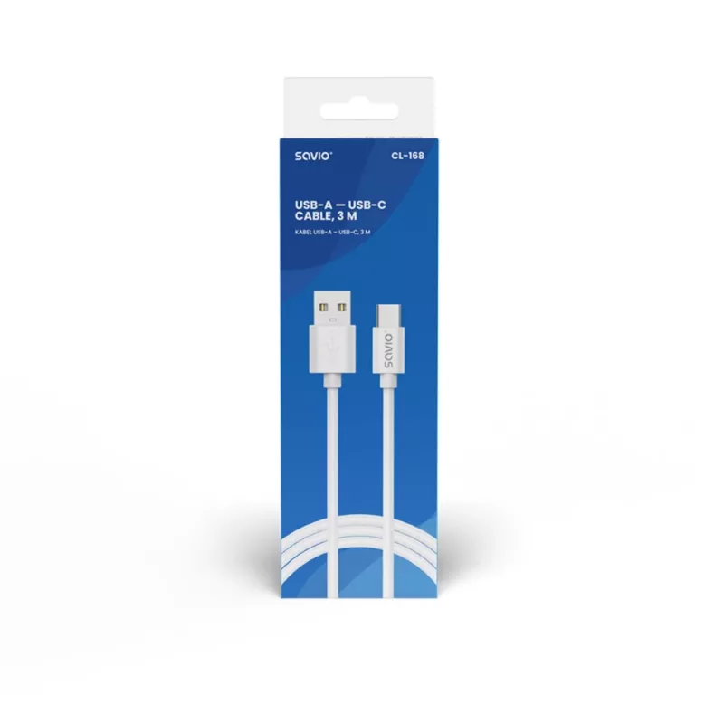 USB 2.0 cable SAVIO CL-168, USB A (male) to USB C (male), 3 m, white