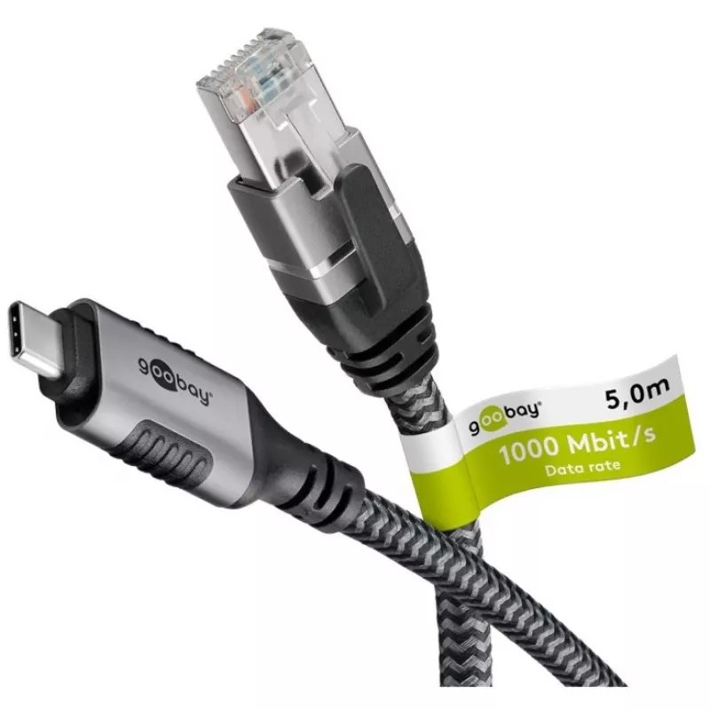 Ethernet-Cable USB-C 3.2 Gen2 Plug > RJ-45 Plug (black/Silver, 5 Meter, braided textile jacket)