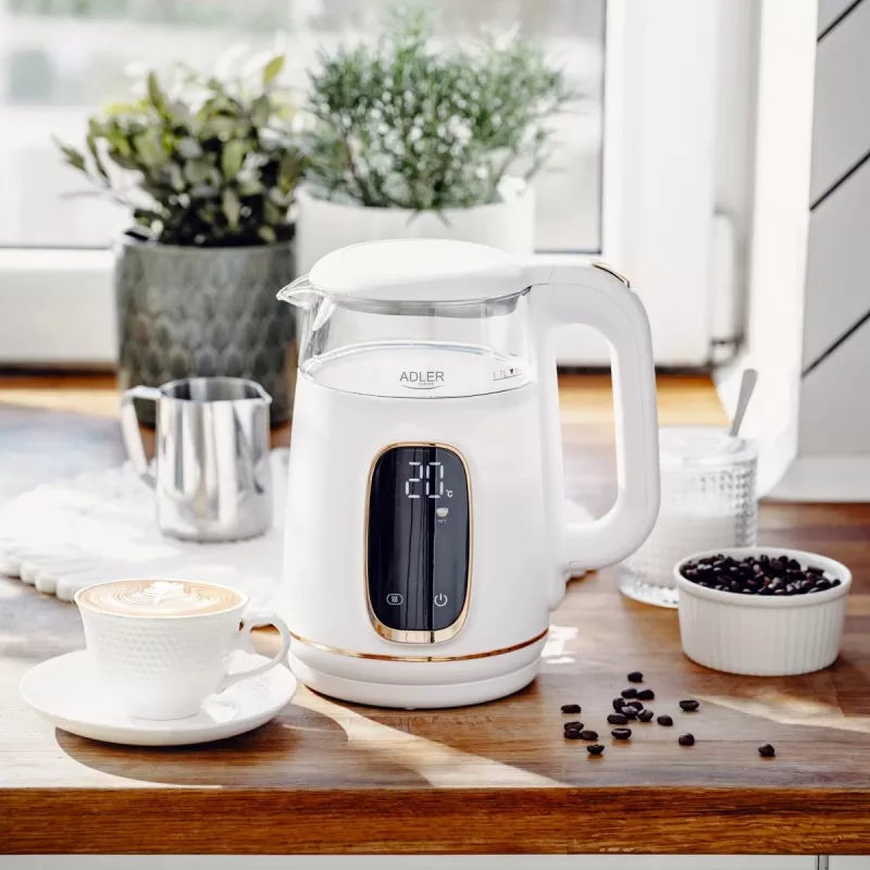 Electric kettle Adler AD 1305WG — 1.7 L, 2200 W, glass/plastic, white/gold/transparent