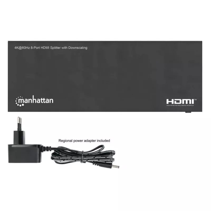 Manhattan 4K@60Hz 8-Port HDMI Splitter with Downscaling, Splits One HDMI Input to Eight HDMI Outputs (1x8), 18G, EDID Switch for Downscaling, Black