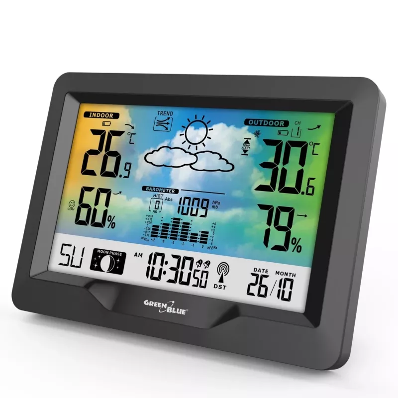Hygrometer Thermometer GreenBlue GB540 — indoor 0–50°C / outdoor -20–65°C, DCF clock, outdoor sensor 60 m, black