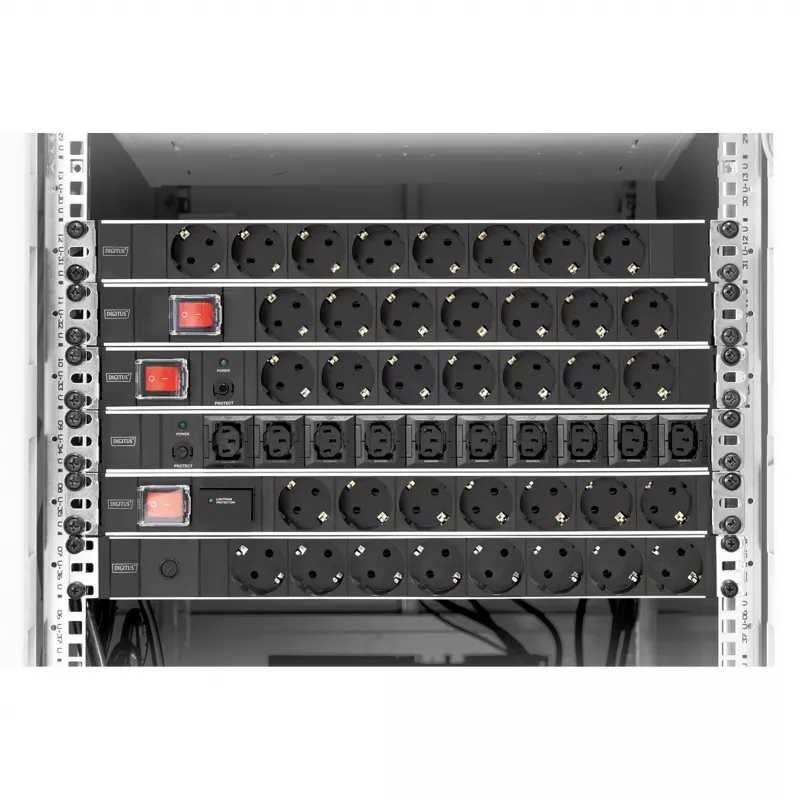 DIGITUS 1U Aluminum PDU with 7 Safety Outlets, 2m Cable, Switch, Surge Protection