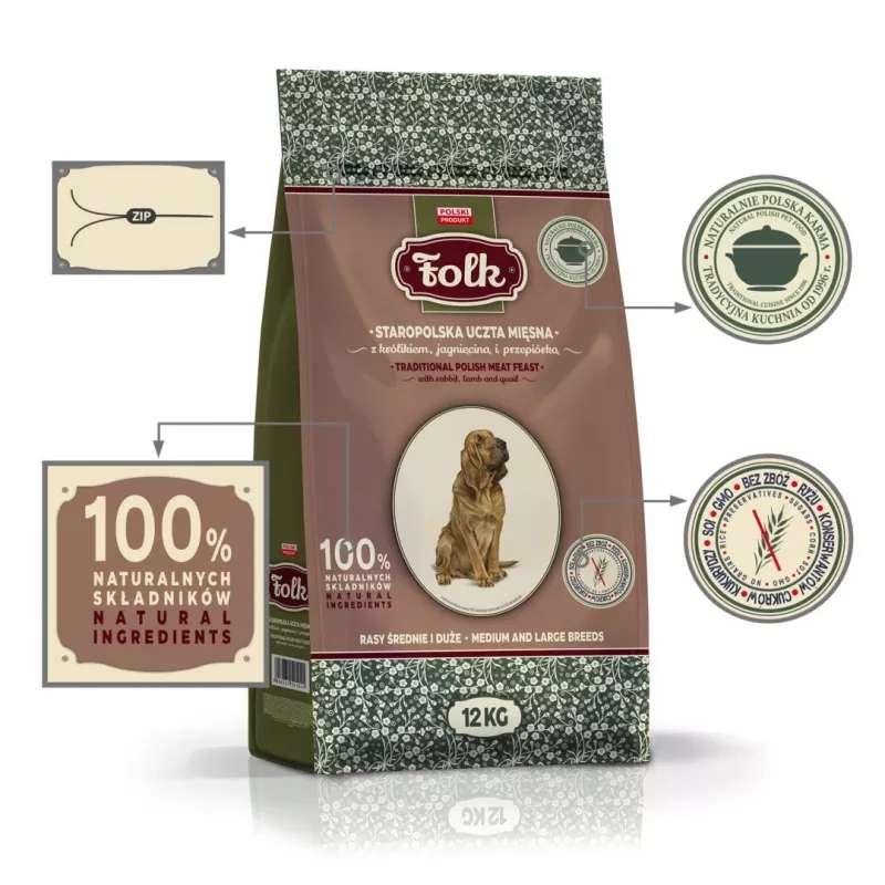 FOLK Medium and large breeds Traditional polish meat feast with rabbit, lamb and quail - dry dog food - 12kg