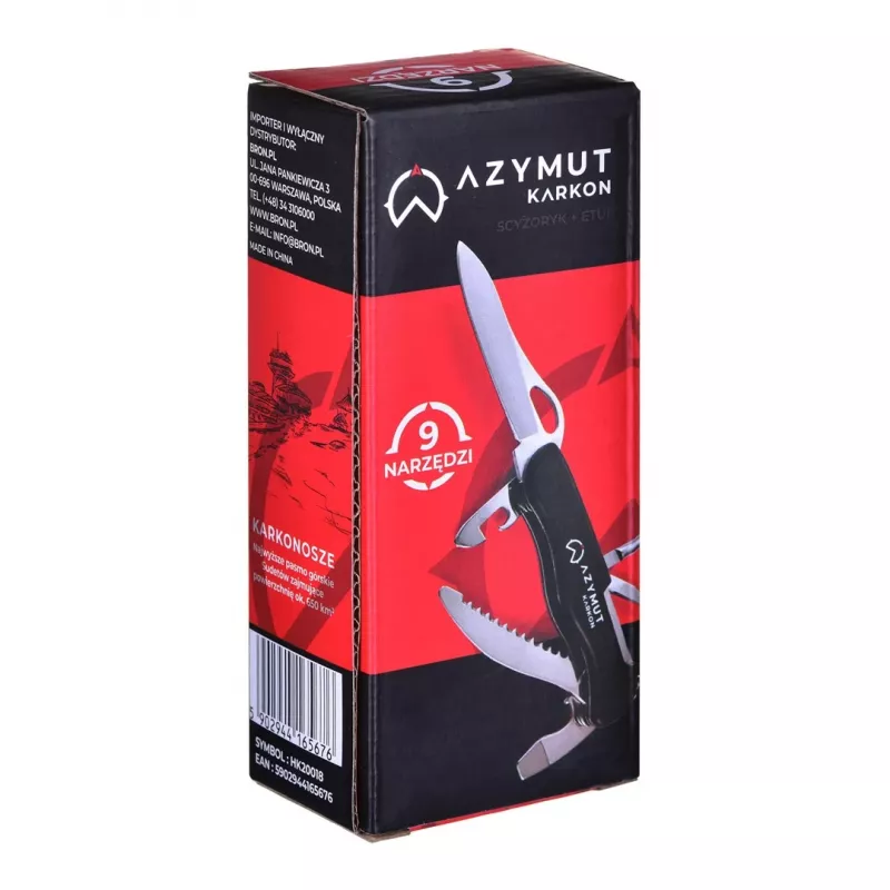 Pocket knife AZYMUT HK20018 — full-size multi-tool, 9 tools, 420J2/3CR13 stainless steel, folded 11 cm, 146 g, leather holster, key ring
