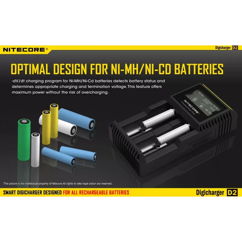 Battery charger Nitecore D2 — 2‑slot charger for AA/AAA/AAAA/C batteries, 100–240V input, 4.2V output, black