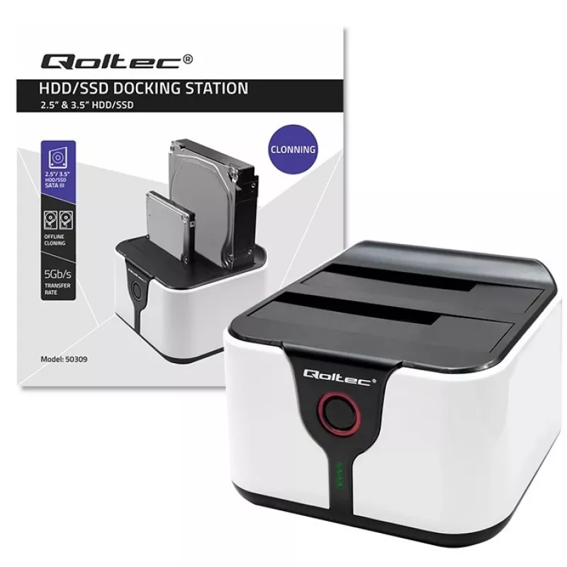 Qoltec 50309 HDD SSD 2.5 3.5 docking station | SATA III | USB 3.0 | Super speed 5Gb/s | with Clonning function