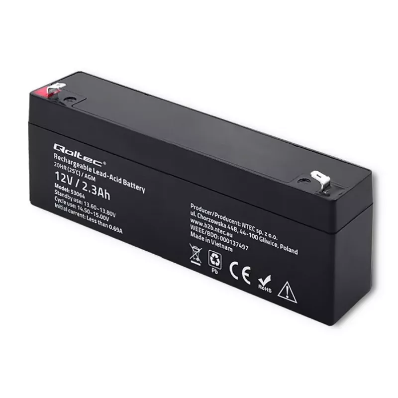 Sealed AGM battery QOLTEC 12V 2.3Ah for UPS and backup systems, max discharge 34.5A