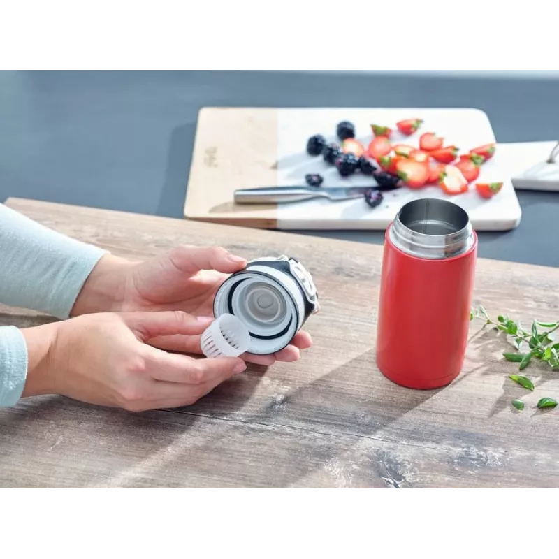 Travel mug Leifheit 03245 stainless steel 350 ml, double-wall, leakproof, flip-top lid, black/red