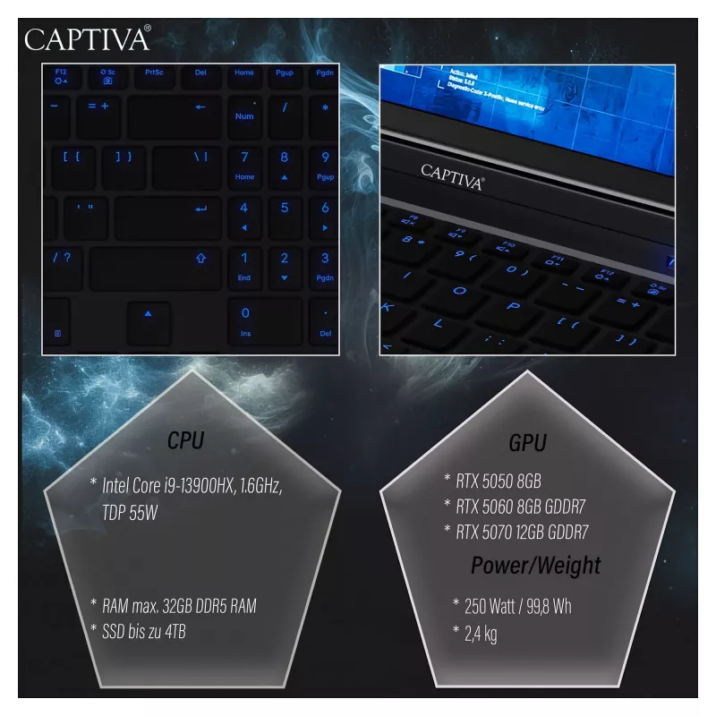 Laptop Captiva 99480 — model 99480, no OS installed, onboard/discrete GPU not available
