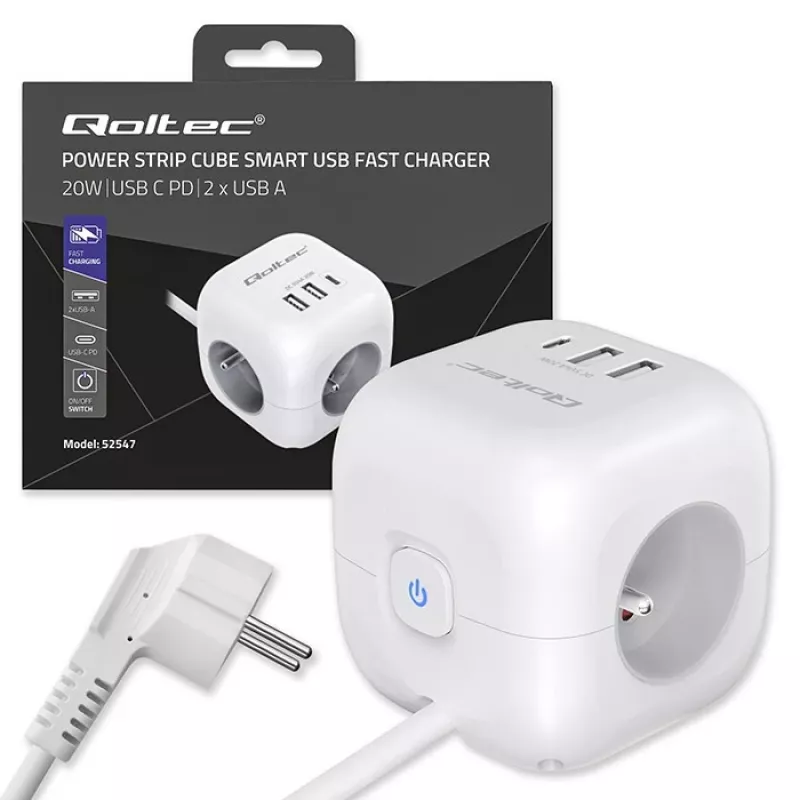 Power Cube QOLTEC 52547 power strip 3×AC sockets, 2×USB-A, 1×USB-C PD 20W