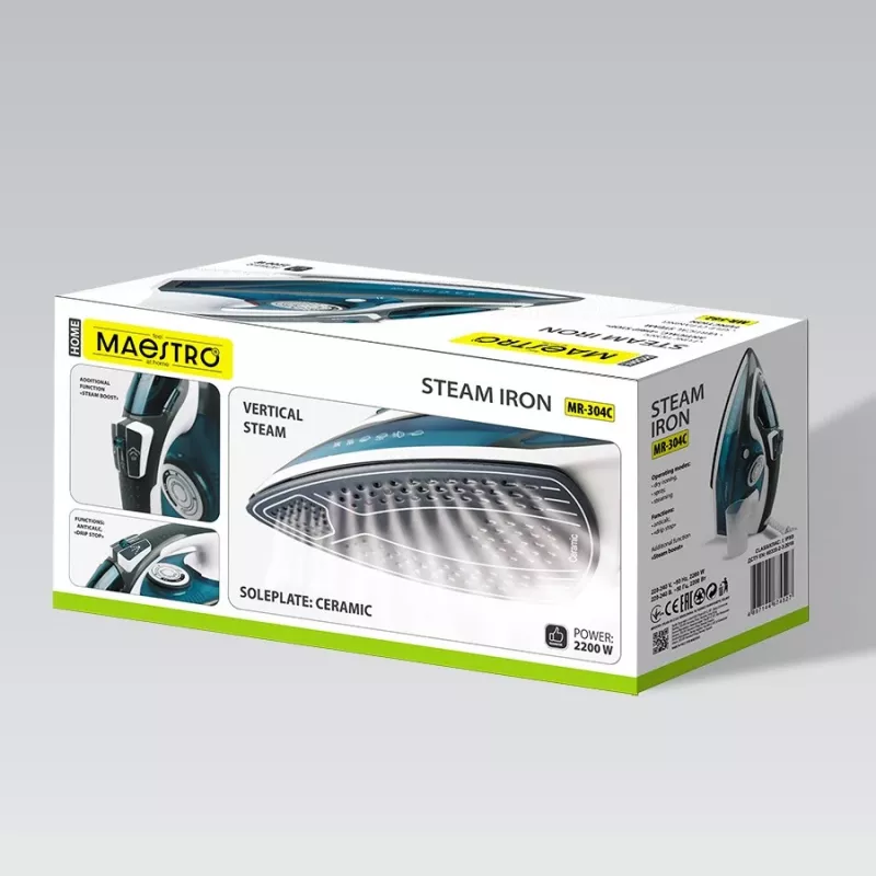 Steam iron Maestro MR-304C, 2200W, white/blue — steam iron for home use
