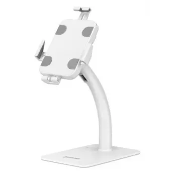 Manhattan Desktop Kiosk Stand (Anti theft) for Tablet and iPad, Universal, 360° Rotation, Tilt +20° to -110°, White, Lockable, Countertop Holder for 7.9 inch to 11 inch Tablets, Extendable clamps: height 200 to 246mm/width 129 to 181mm, Lifetime warranty