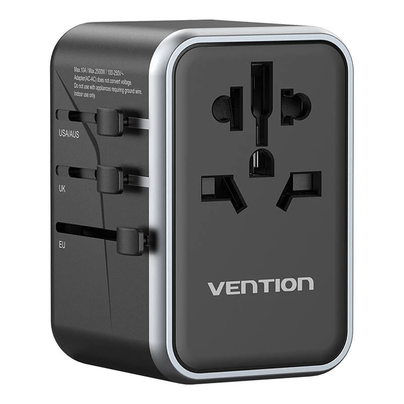 Vention power travel adapter FJFB0 65W — 2× USB-C PD/PPS, 2× USB-A (QC/BC), HDMI output, aluminium/black