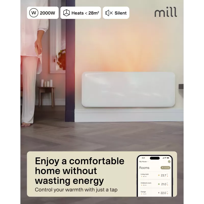 Mill Invisible Smart WiFi Heater | PA2000WIFI4 | Panel Heater | 2000 W | Suitable for rooms up to 24-28 m² | White | IPX4