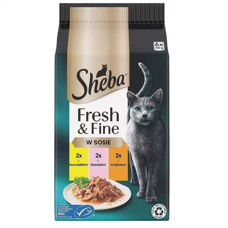 Wet cat food Sheba Mini Fish Dishes in Sauce Fresh & Fine 6 x 50 g – wet food, 6x50 g sachets, 84% moisture, 7.9% protein
